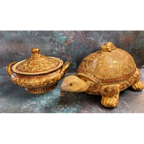 12 - A modern Japanese satsuma type novelty tureen and cover, in the form of a turtle, 42cm long;  a... 