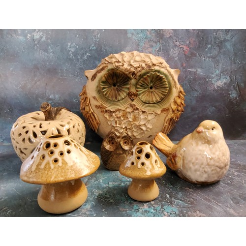 48 - An unusual stoneware novelty owl, 24cm high;  another, smaller;  an apple;  two toads... 