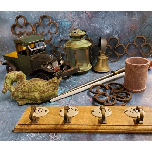 93 - Boxes and Objects - a green verdigris cast metal duck;  a coat hook;  a lantern;  a m... 