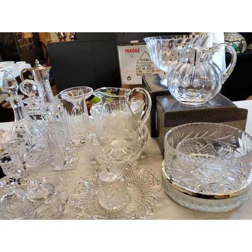 120 - A Dartington Crystal pedestal bowl;  a similar jug;  decanters, bowls, candlesticks; ... 