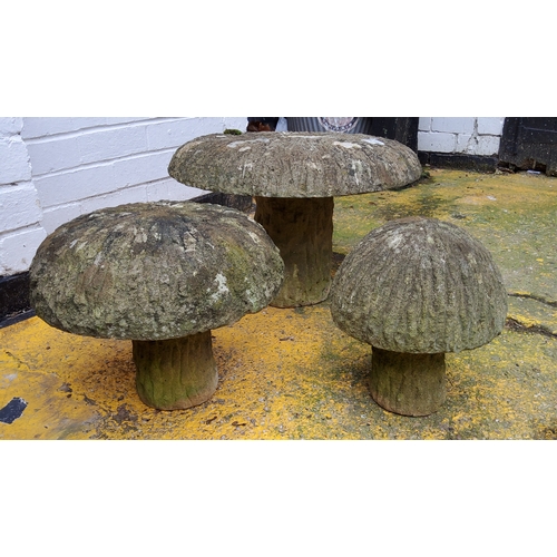 490 - Three graduated Derbyshire gritstone straddle stones / mushrooms, 20th century