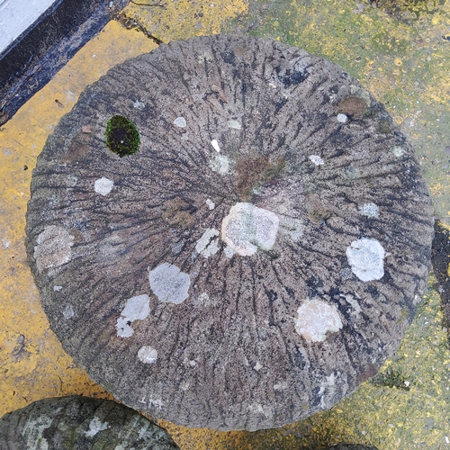 490 - Three graduated Derbyshire gritstone straddle stones / mushrooms, 20th century