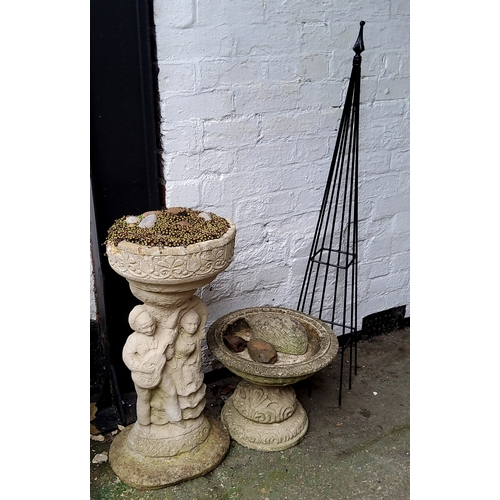 497 - A small reconstituted stone campana shaped bird bath, another larger with figural putti plinth (used... 