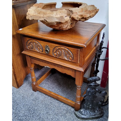 518 - An Old Charm oak side table, rectangular top, drawer to frieze carved with arches, turned legs, 65cm... 