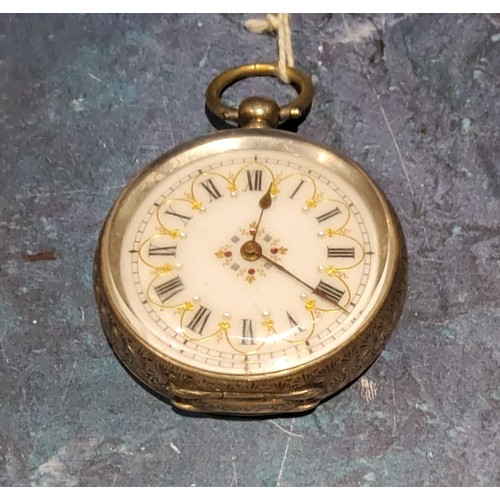 224 - A 19th century Swiss silver open faced pocket watch, Roman numerals, the face with gilt arches, the ... 