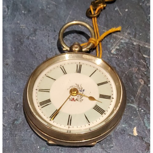 232 - A continental  silver open faced pocket watch, Roman numerals, green enamelled dial, the back e... 