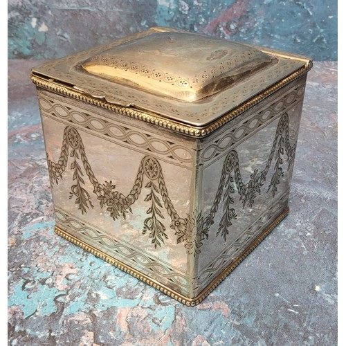 262 - A Victorian silverplated table wafer box, chased and engraved with swags and foliate decoration, the... 