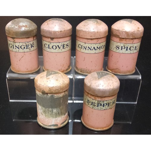 335 - Dolls Accessories - a set of six Victorian Line Bros. tin plate spice storage jars, Pepper, Cinnamon... 