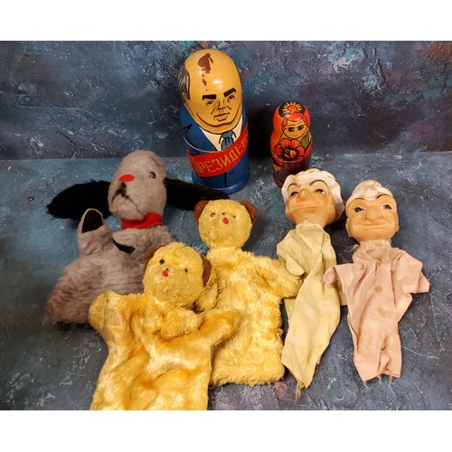 350 - A Chad Valley Sweep hand puppet;  two Sooty hand puppet;  mid 20th century hand puppets, P... 