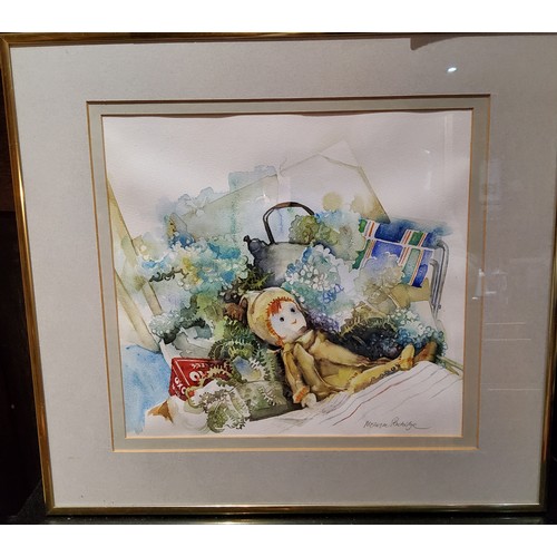 359 - Monique Partridge (20th century) Still Life of a Doll, Kettle and Flowers, signed, watercolour, 33cm... 