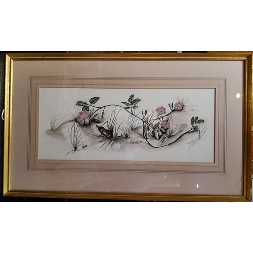 360 - Christine A Woodby (20th century) Shrew and Wild Roses, singed, watercolour, 18cm x 44cm