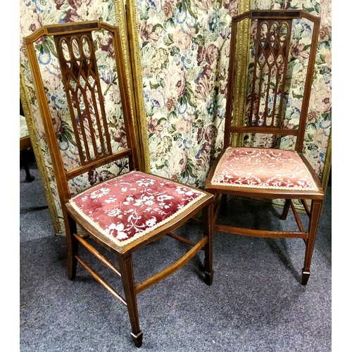 447 - A pair of Edwardian Sheraton Revival mahogany, walnut and satinwood inlaid bedroom chairs c.1905