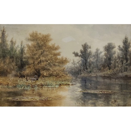 443 - John Tunsatall Haverfield (1825-1885) Woodland Pool, signed,  watercolour, 21cm x 31cm