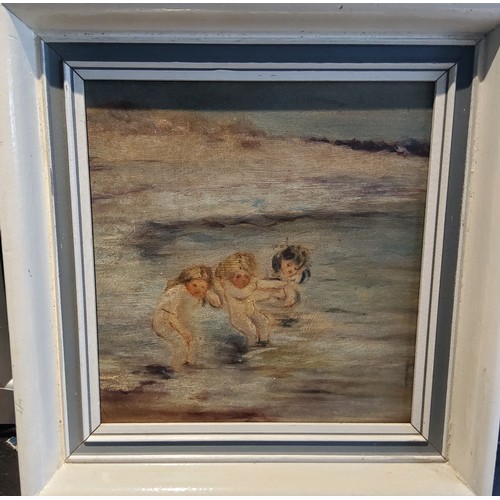 455 - Scottish School, 20th century, Children Playing in the Sea, oil on canvas, 24cm x 22cm