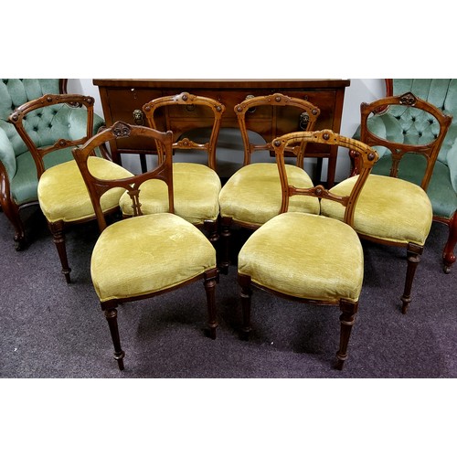 545 - Six Victorian walnut dining chairs, olive green upholstery c.1860