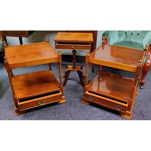 546 - A pair of yew square side tables. possibly by Minster,  drawer to base, bracket feet, 57cm high... 