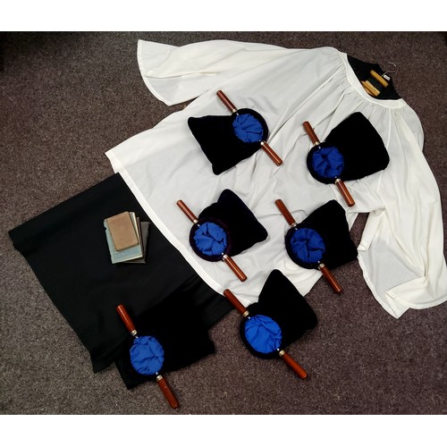 574 - Six ecclesiastical church service offetory velvet coin bags, a Ministers outfit by J. Wippell & ... 