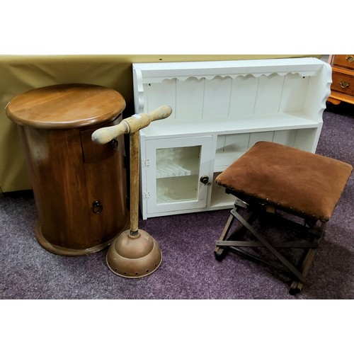 575 - Furniture - an early 20th century Haxyes gout stool; cylindrical pot cupboard; painted farmhouse kit... 