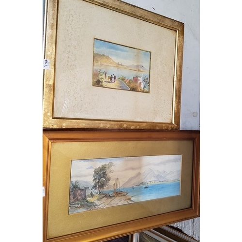 604 - E**M**Creswick (early 20th century) Italian Lakeside, signed, watercolour, 15cm x 43cm;   another, 1... 