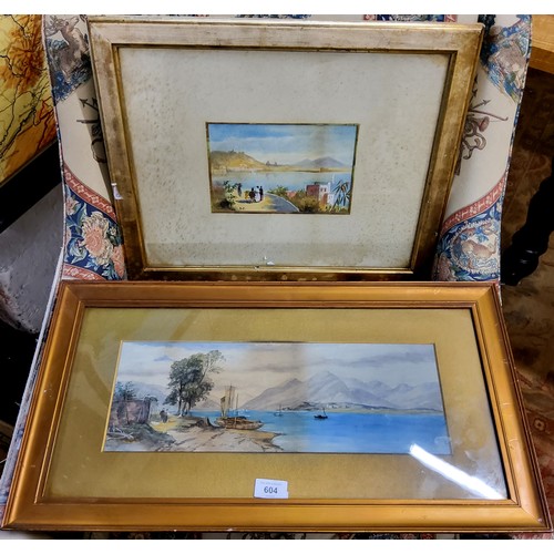 604 - E**M**Creswick (early 20th century) Italian Lakeside, signed, watercolour, 15cm x 43cm;   another, 1... 