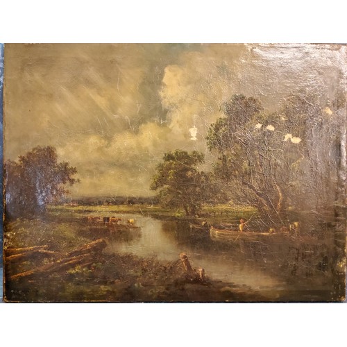 579 - English School, 19th century, Crossing the River, with cattle watering, oil on canvas, 32cm x 42cm