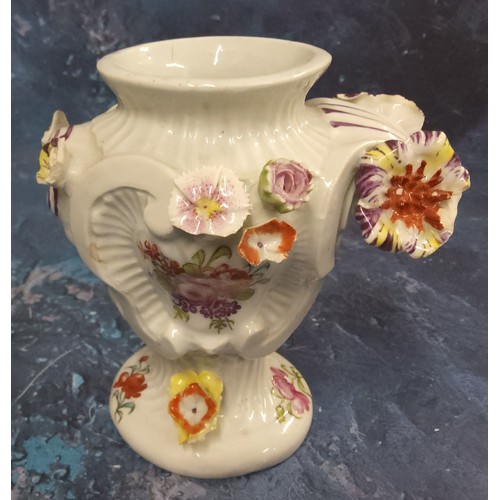 A Longton Hall asymmetric vase, painted and encrusted with flowers ...