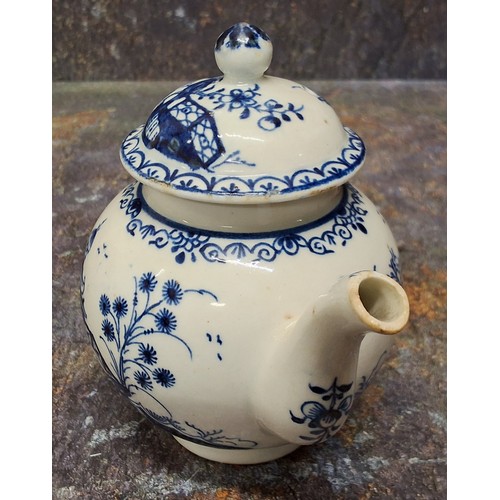 169 - A Lowestoft teapot and cover,  painted in underglazed blue with pagoda and fence, ball finial, 12.5c... 