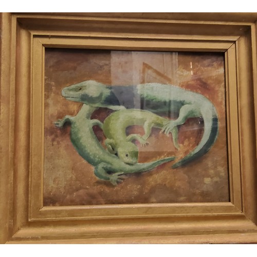 592 - English School, 20th century, Salamanders, oil on board, 23cm x 28cm