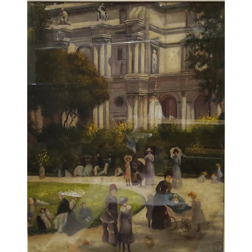 594 - English School, 20th century, Walk in the Park, signed with initials, 36cm x 28cm