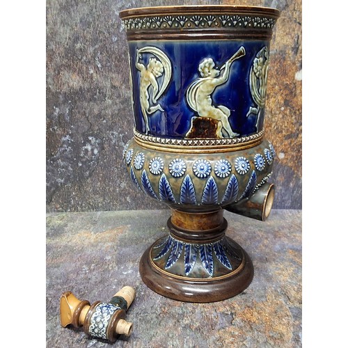 164 - A Doulton Lambeth stoneware water filter, in relief with dancing cherubs, the base with stiff leaves... 