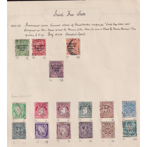 1009 - Stamps- Ireland, three album pages of overprinted GB stamps and early Irish Free State,  good to fin... 