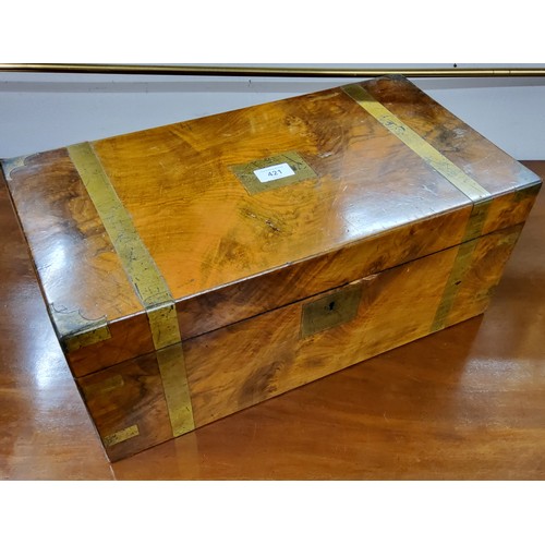 465 - A Victorian walnut and brass bound folding writing box, c1860, 50cm wide.