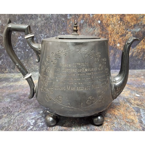 466 - A Victorian E.P.B.M. spreading teapot, inscribed Buckshot Foster Sculley Sadler & Co, They Cause... 