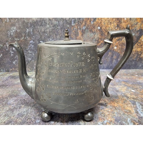 466 - A Victorian E.P.B.M. spreading teapot, inscribed Buckshot Foster Sculley Sadler & Co, They Cause... 