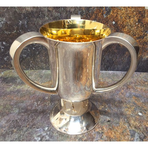 38 - Masonic Interest  - a silver three handled loving cup/tyg, engraved with crest of Shrewsbury Lodge, ... 