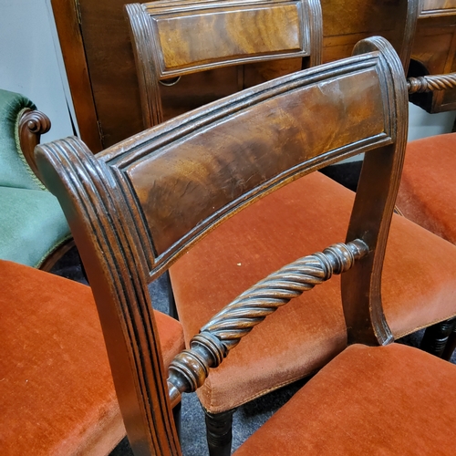 626 - A composed set of six George III  dining chairs, spirally turned horizontal splat, stuffed-over seat... 