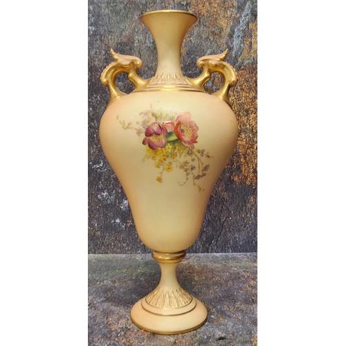 260 - A Royal Worcester pedestal ogee shaped two handled vase, printed and painted with summer flowers, pi... 