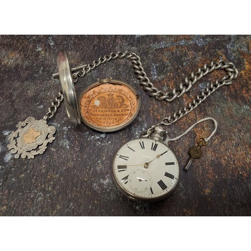 85 - A silver pair cased pocket watch, inscribed James Edge 1829, with key; a silver Albert chain and fob... 