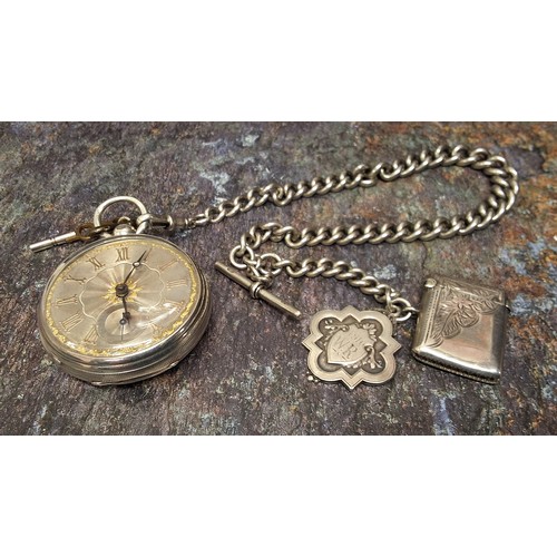 88 - A silver fusee pocket watch, with key, silver Albert and fob with silver vesta case, 235g