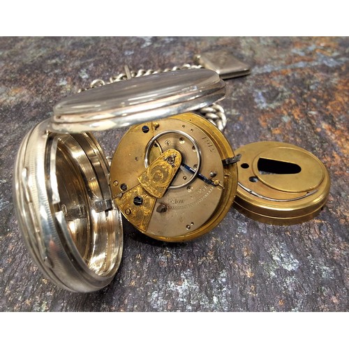 88 - A silver fusee pocket watch, with key, silver Albert and fob with silver vesta case, 235g