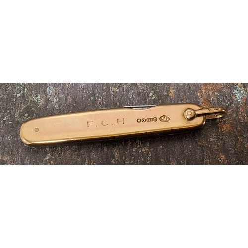 139 - A 15ct gold two blade pocket knife, by Goldsmiths, London, lanyard ring, 6cm closed, 18g gross