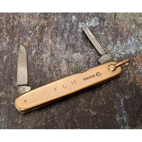 139 - A 15ct gold two blade pocket knife, by Goldsmiths, London, lanyard ring, 6cm closed, 18g gross