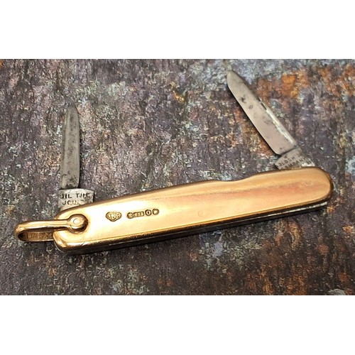 139 - A 15ct gold two blade pocket knife, by Goldsmiths, London, lanyard ring, 6cm closed, 18g gross