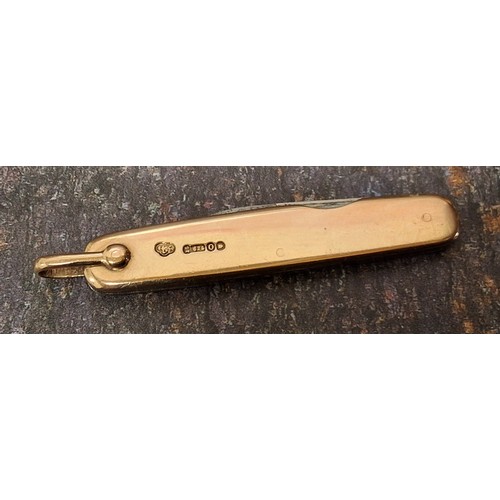 139 - A 15ct gold two blade pocket knife, by Goldsmiths, London, lanyard ring, 6cm closed, 18g gross