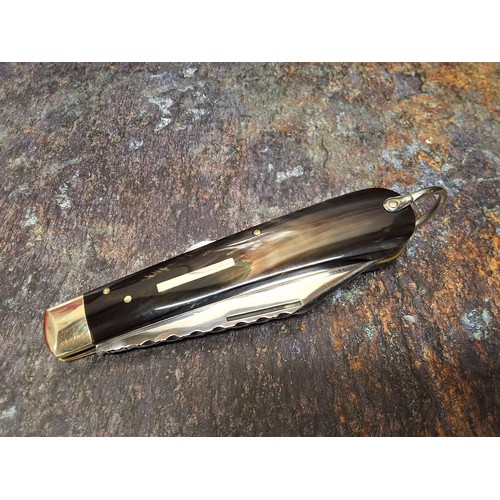 631 - A Stan Shaw blade lock knife, polished buffalo scales, vacant cartouche, work back to spring and bla... 