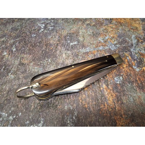 631 - A Stan Shaw blade lock knife, polished buffalo scales, vacant cartouche, work back to spring and bla... 