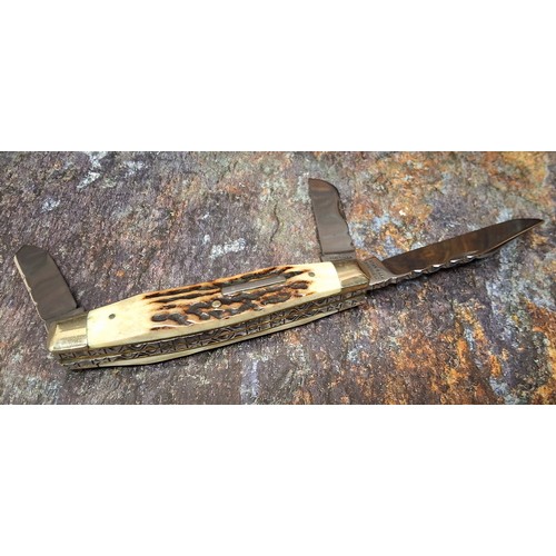 633 - A Stan Shaw three blade Stockman pocket knife, stag scales, vacant cartouche, nickle silver bolsters... 