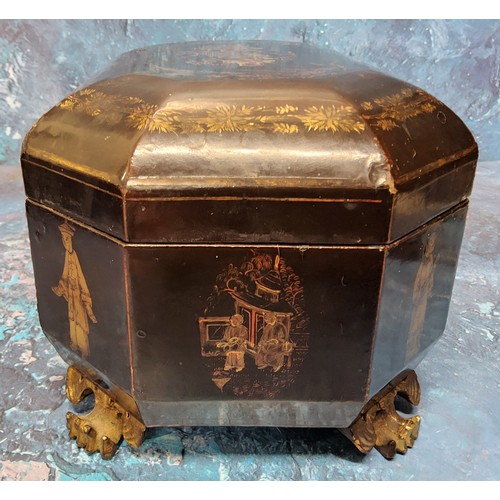 333 - An early 19th century Chinese black lacquered tea caddy,  decorated in gilt with pagodas and figures... 