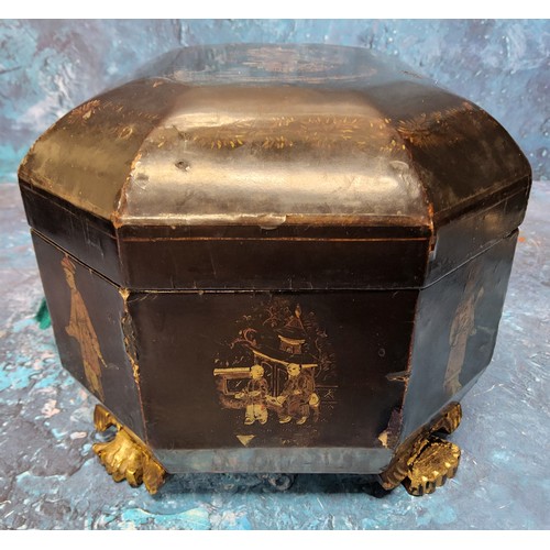 333 - An early 19th century Chinese black lacquered tea caddy,  decorated in gilt with pagodas and figures... 