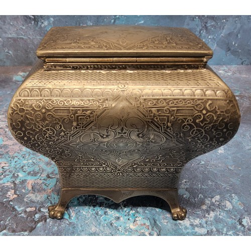 477 - A late 19th century pewter bombe tea caddy,  engraved with foliate scrolls within a basket weave bor... 